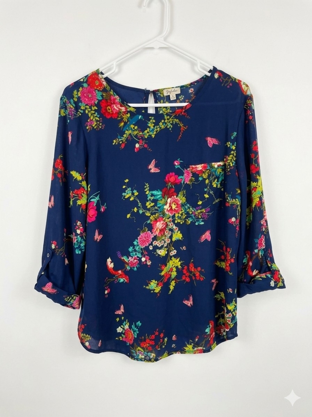 Lily White Navy Floral Roll-Tab Sleeve Blouse